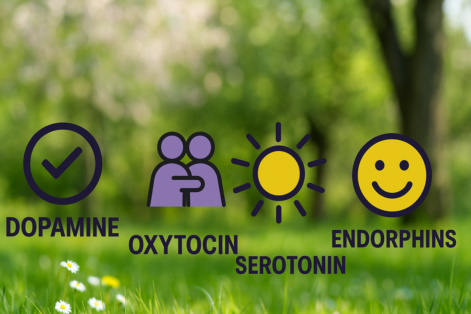 Illustratie met dopamine, oxytocine, serotonine en endorfines tegen een rustgevende lentebloemen-achtergrond – gelukshormonen die bijdragen aan mentale gezondheid Illustratie met dopamine, oxytocine, serotonine en endorfines tegen een rustgevende lentebloemen-achtergrond – gelukshormonen die bijdragen aan mentale gezondheid