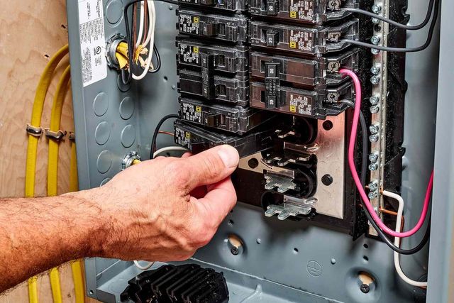 Hand plugging a cable into an electrical breaker panel with exposed wiring