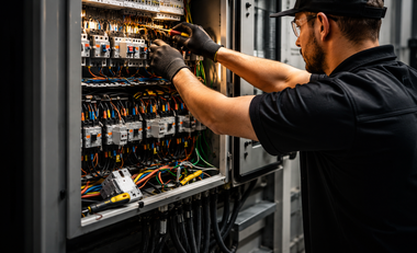 Technician in black uniform adjusting wiring inside an open electrical control panel.