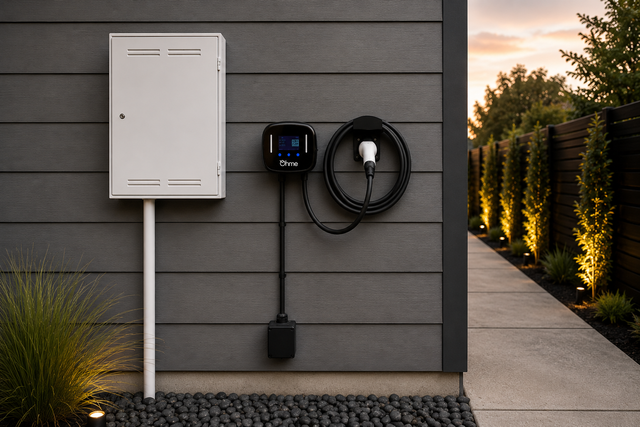 Home EV charger mounted on gray siding beside an electrical panel and walkway at sunset