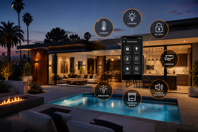 Modern luxury home at dusk with lit pool and floating smart-home control icons
