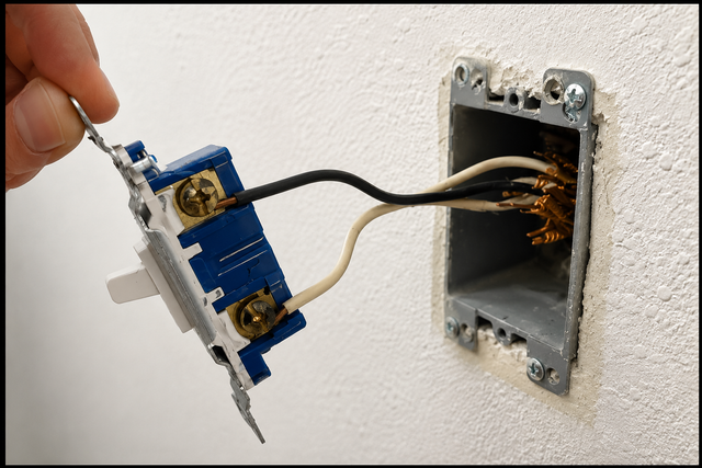 Hand connecting wires to a blue electrical outlet switch in a wall box