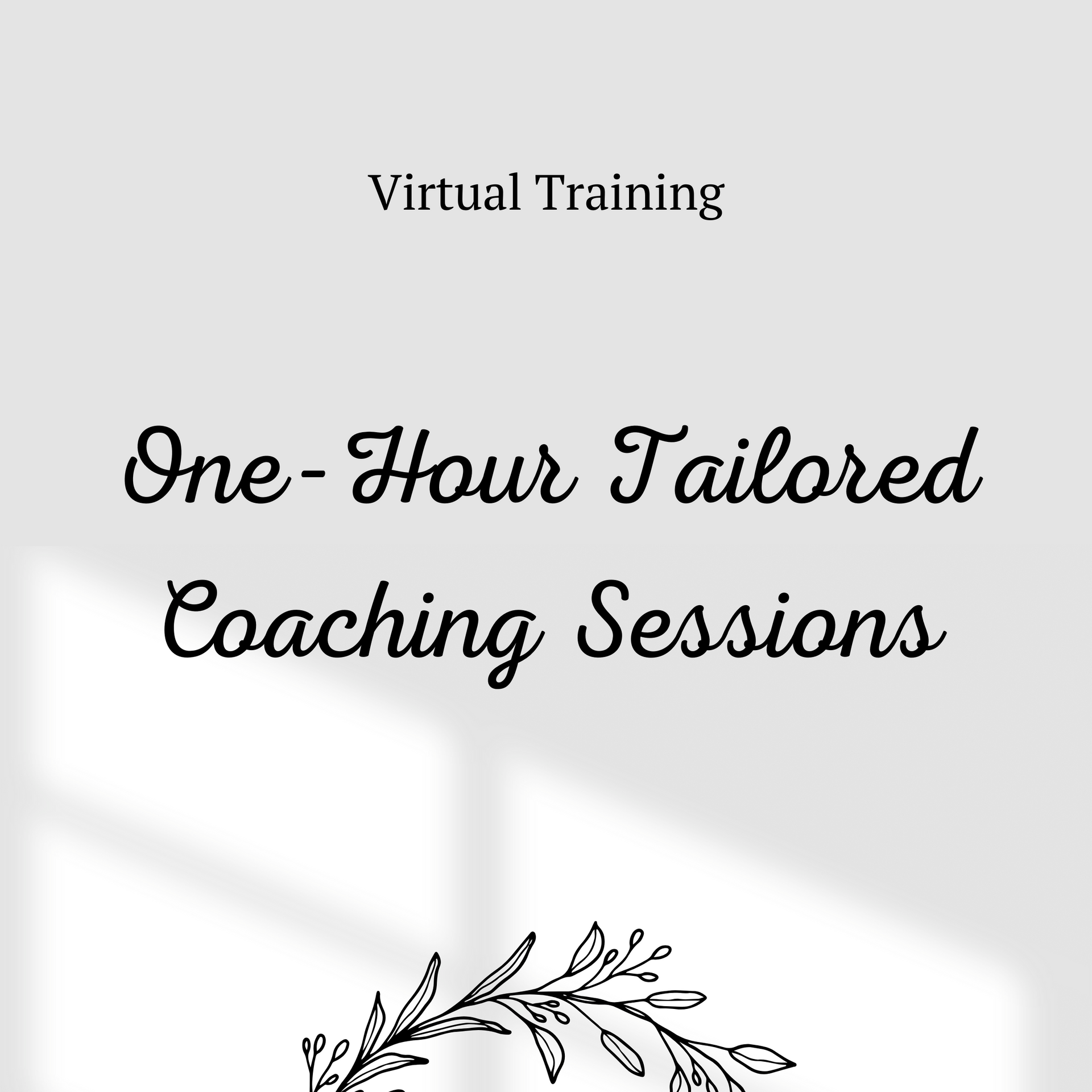Text promoting one-hour virtual coaching sessions, with floral graphic at bottom.
