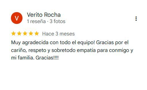 Reseña del cliente: Gracias al equipo por la atención, respeto y empatía demostrada hacia mí y mi familia.