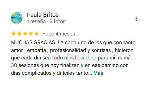Opinión del cliente: Paula Britos agradece al personal por su empatía, profesionalismo y apoyo.
