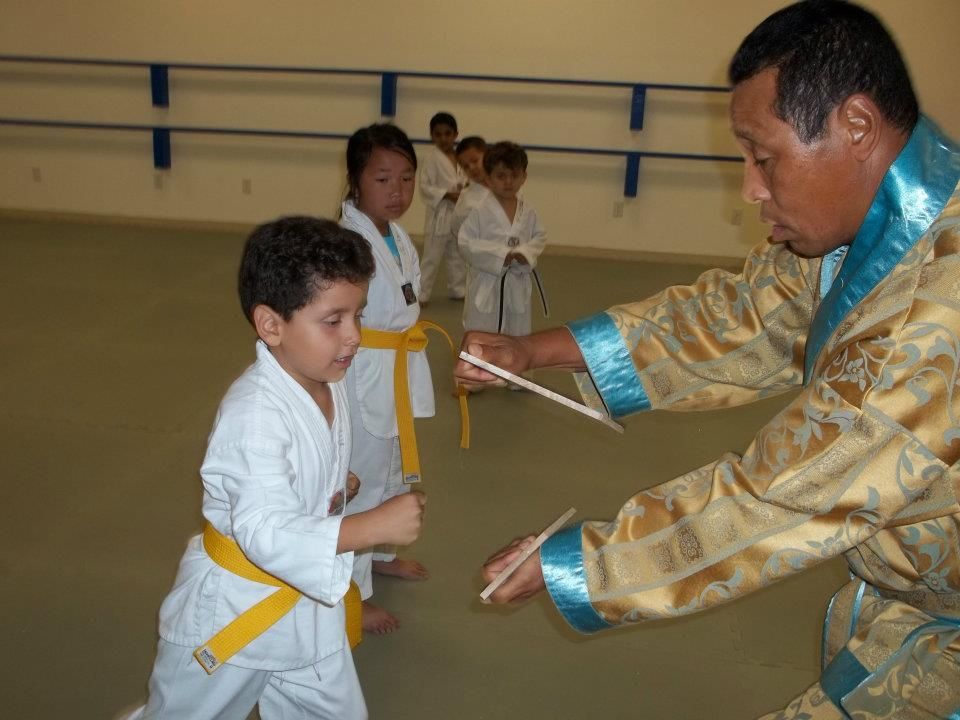 A group of young boys are practicing martial arts with their teacher