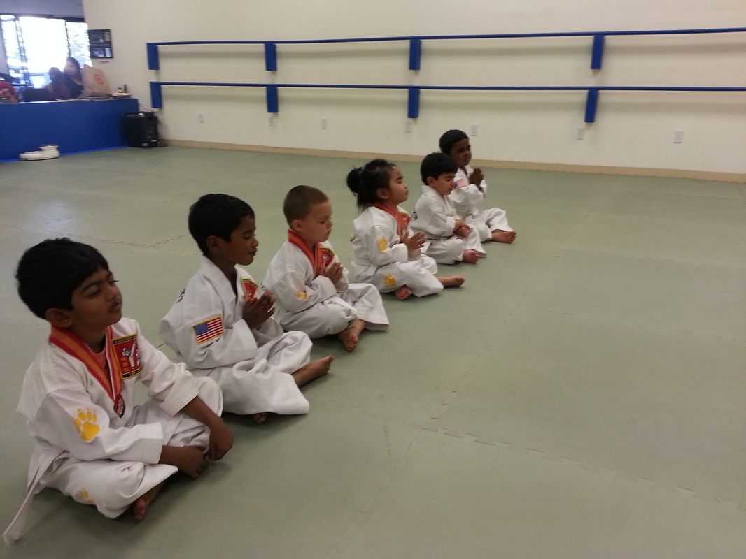 A group of young boys in karate uniforms are sitting on the floor