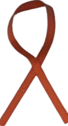 A close up of a red ribbon on a white background.