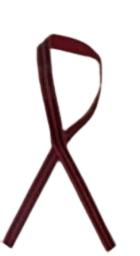 A close up of a red ribbon on a white background.