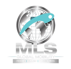 MLS Global Mobility logo with silver globe and teal swoosh arrow above text