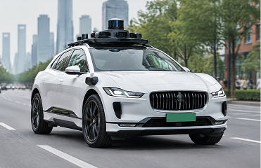 White self-driving SUV driving on a city street with skyline in the background