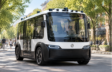 White autonomous shuttle bus driving on a tree-lined city street, with pedestrians in the background