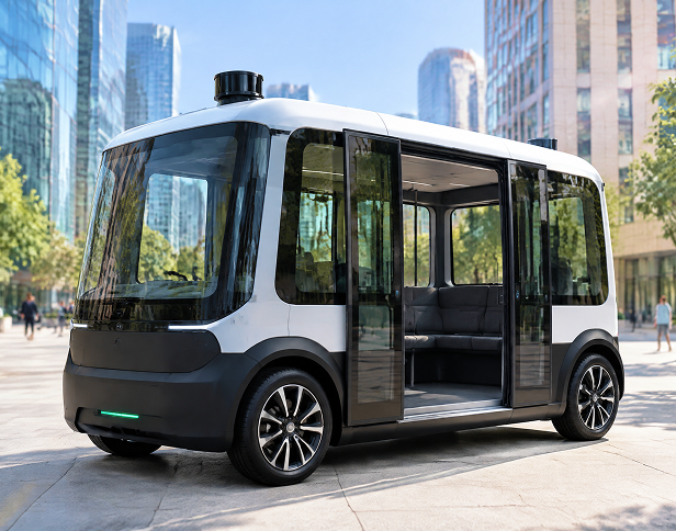 Compact autonomous shuttle bus on a city street with glass windows and sliding doors