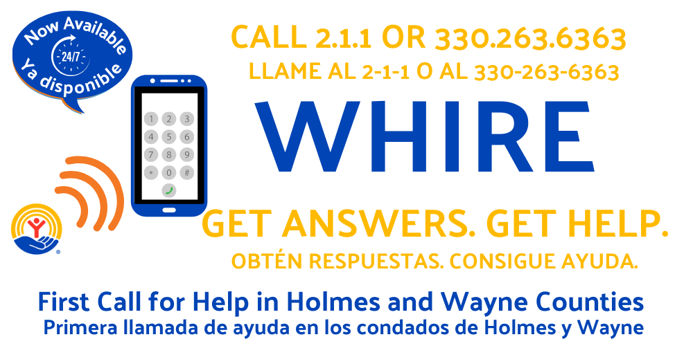 Advertisement for WHIRE, a helpline. Features a smartphone, logo, and phone numbers in English and Spanish.