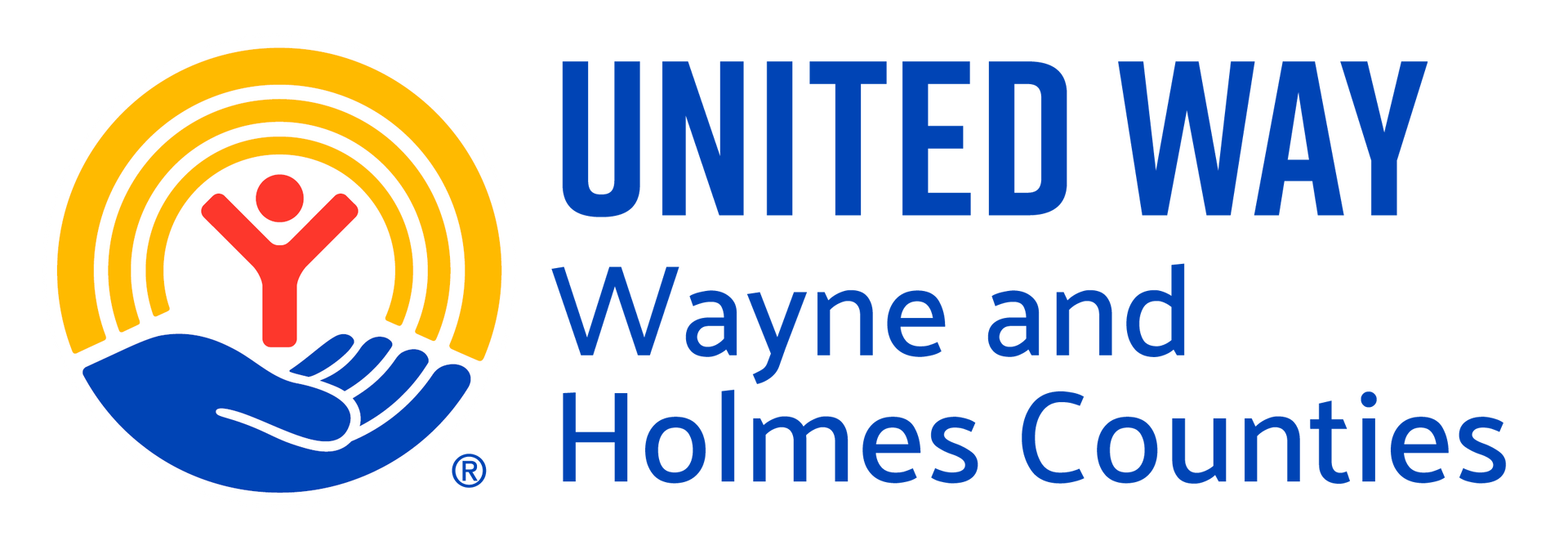 United Way logo: red stick figure within yellow arch over blue hand; 