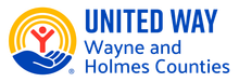 United Way logo: red stick figure within yellow arch over blue hand; 