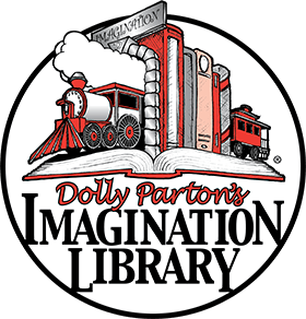 Dolly Parton’s Imagination Library logo: red train, books, smoke, and text in a black and white circle.