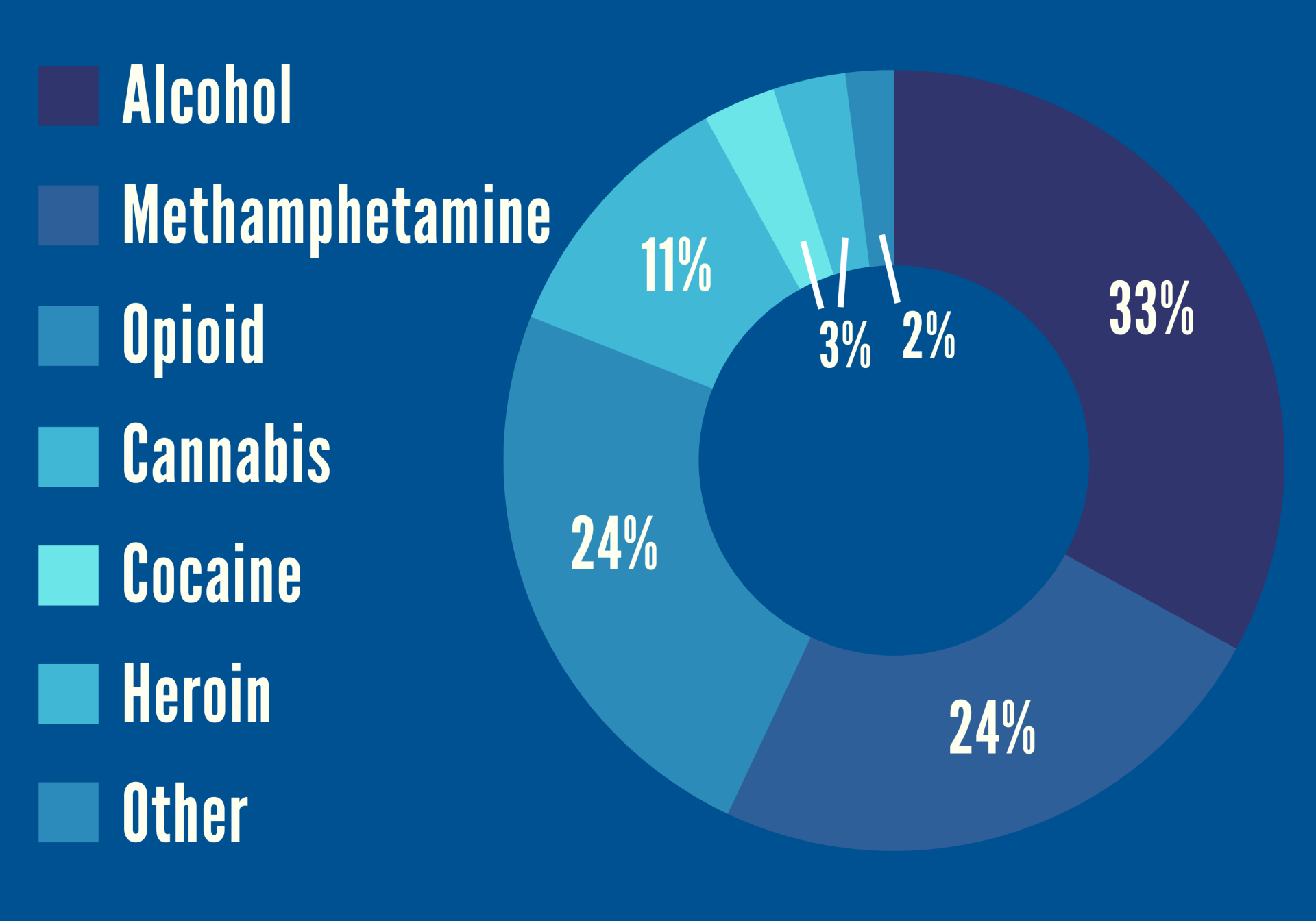 Pie chart showing drug-related issues. Alcohol (33%) is highest, followed by Methamphetamine (24%) and Opioid (11%).