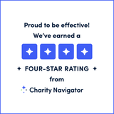 Charity Navigator announces a four-star rating. Blue graphic with stars and text.