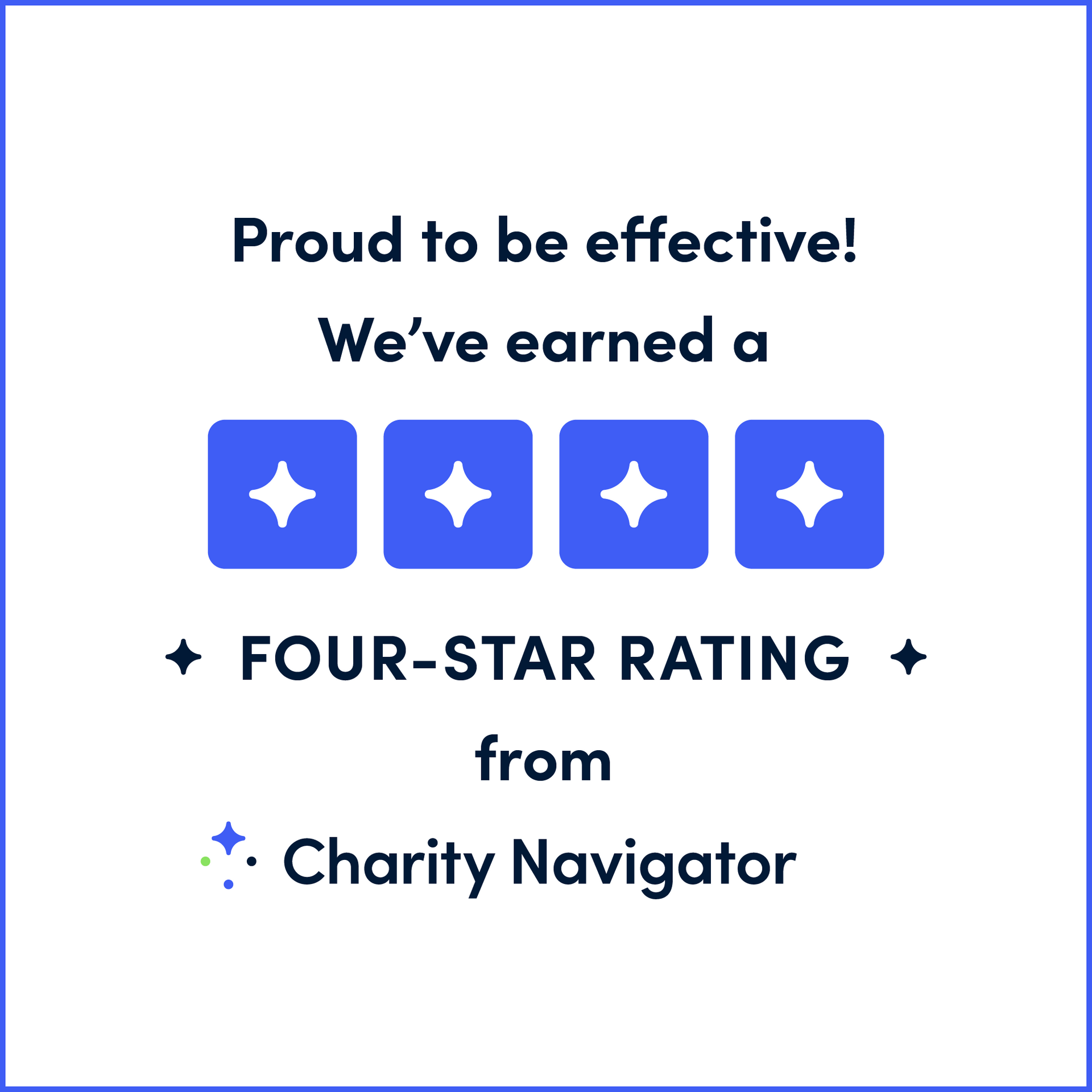 Charity Navigator announces a four-star rating. Blue graphic with stars and text.