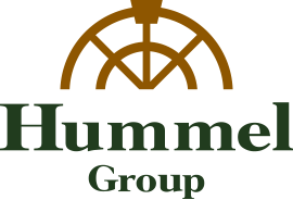 Hummel Group logo with brown steering wheel design above dark green text.