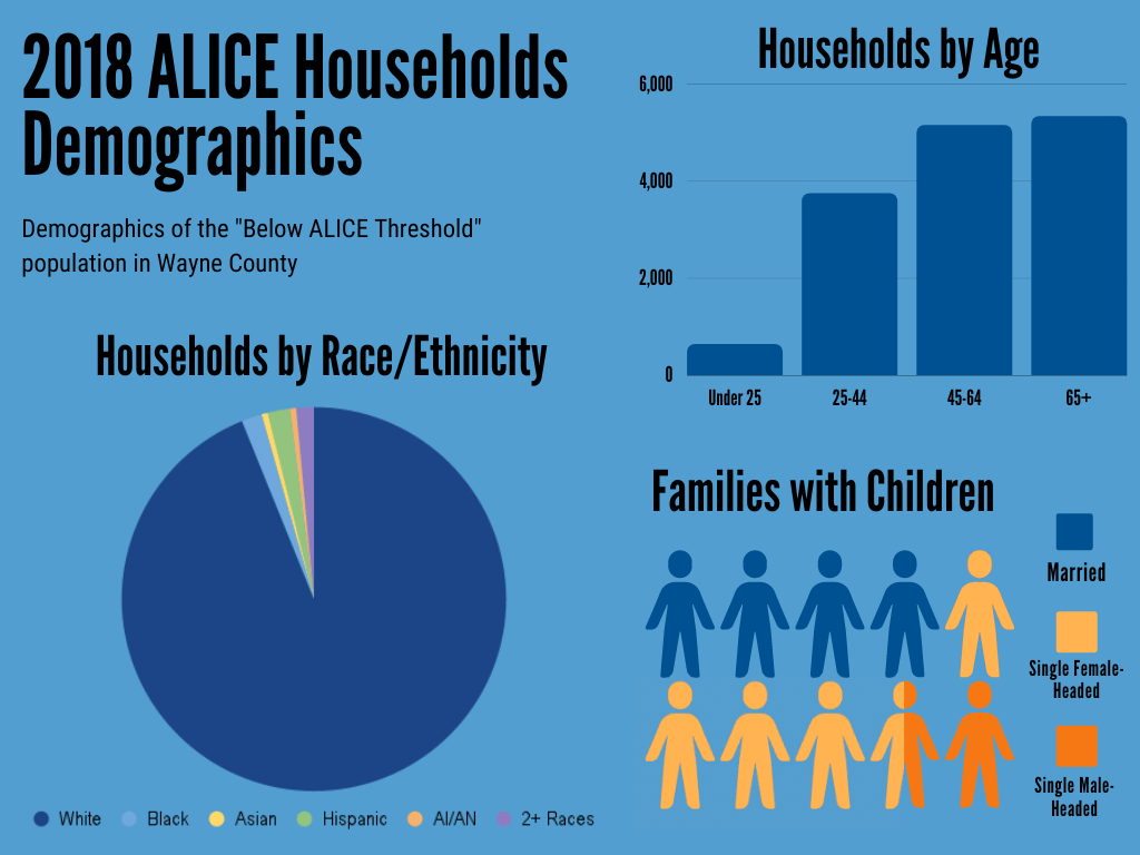 Infographic: 2018 ALICE Households Demographics in Wayne County, showing race/ethnicity, age, and families with children.