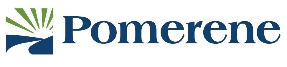 Pomerene logo: blue text with a graphic of a road, sun, and rays in green and blue.