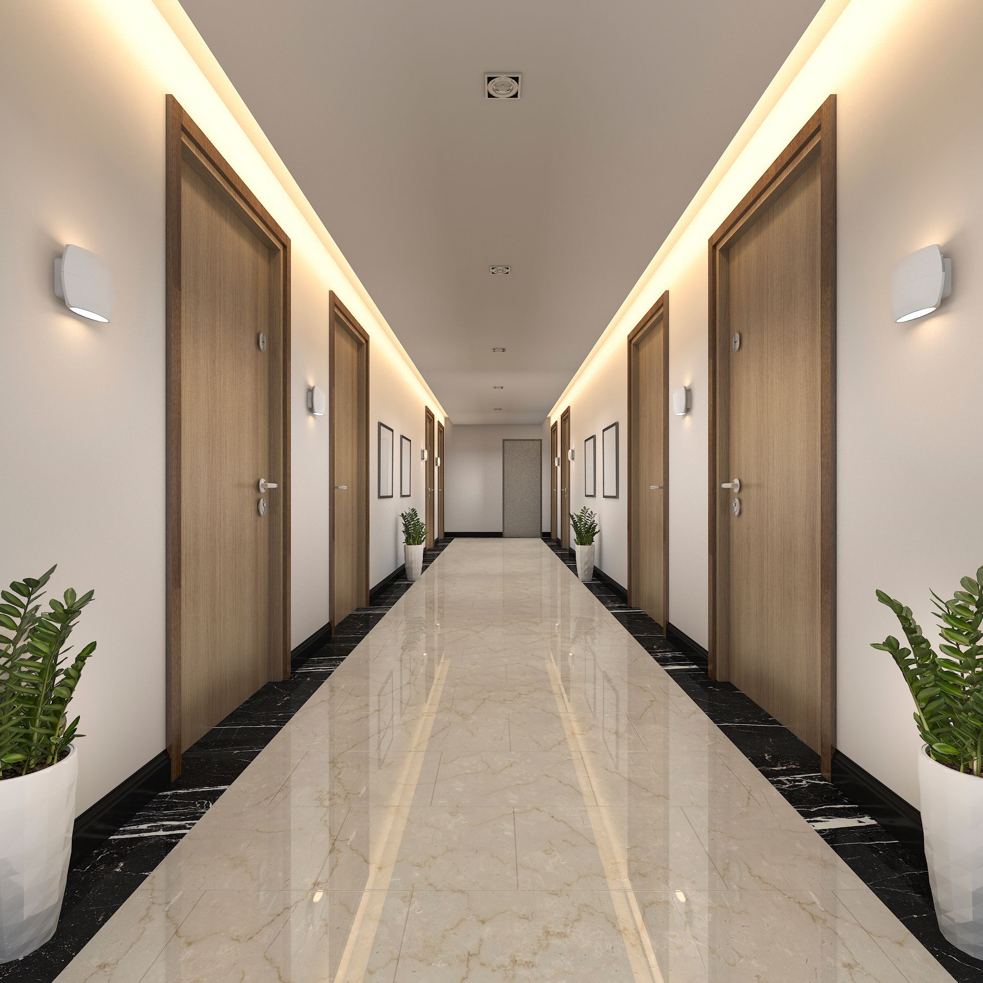 Long hallway with light wood doors, plants, and marble floors.