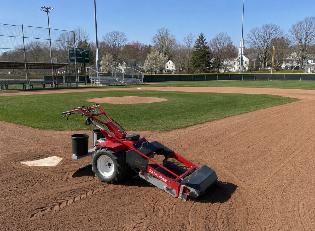 Red infield grooming machine on a baseball field near home plate on a sunny day