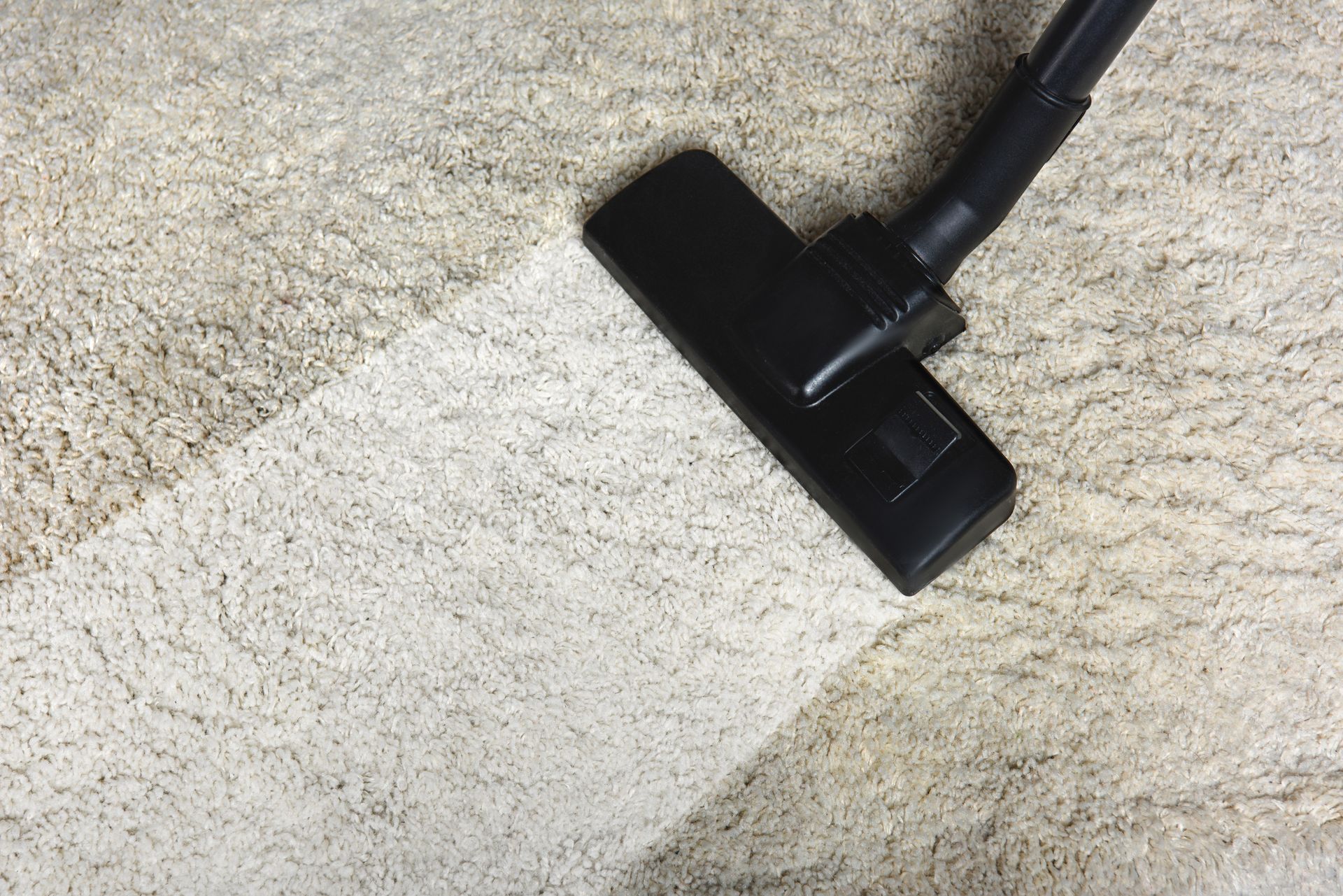 Vacuum cleaner head cleaning a beige carpet, leaving a clean trail.