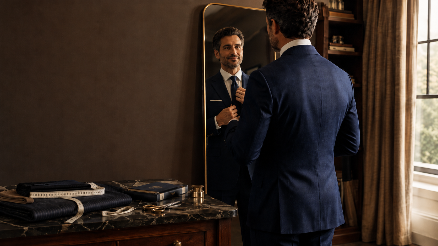 Un hombre con traje azul marino se ajusta la corbata frente a un espejo junto a una cómoda de madera.