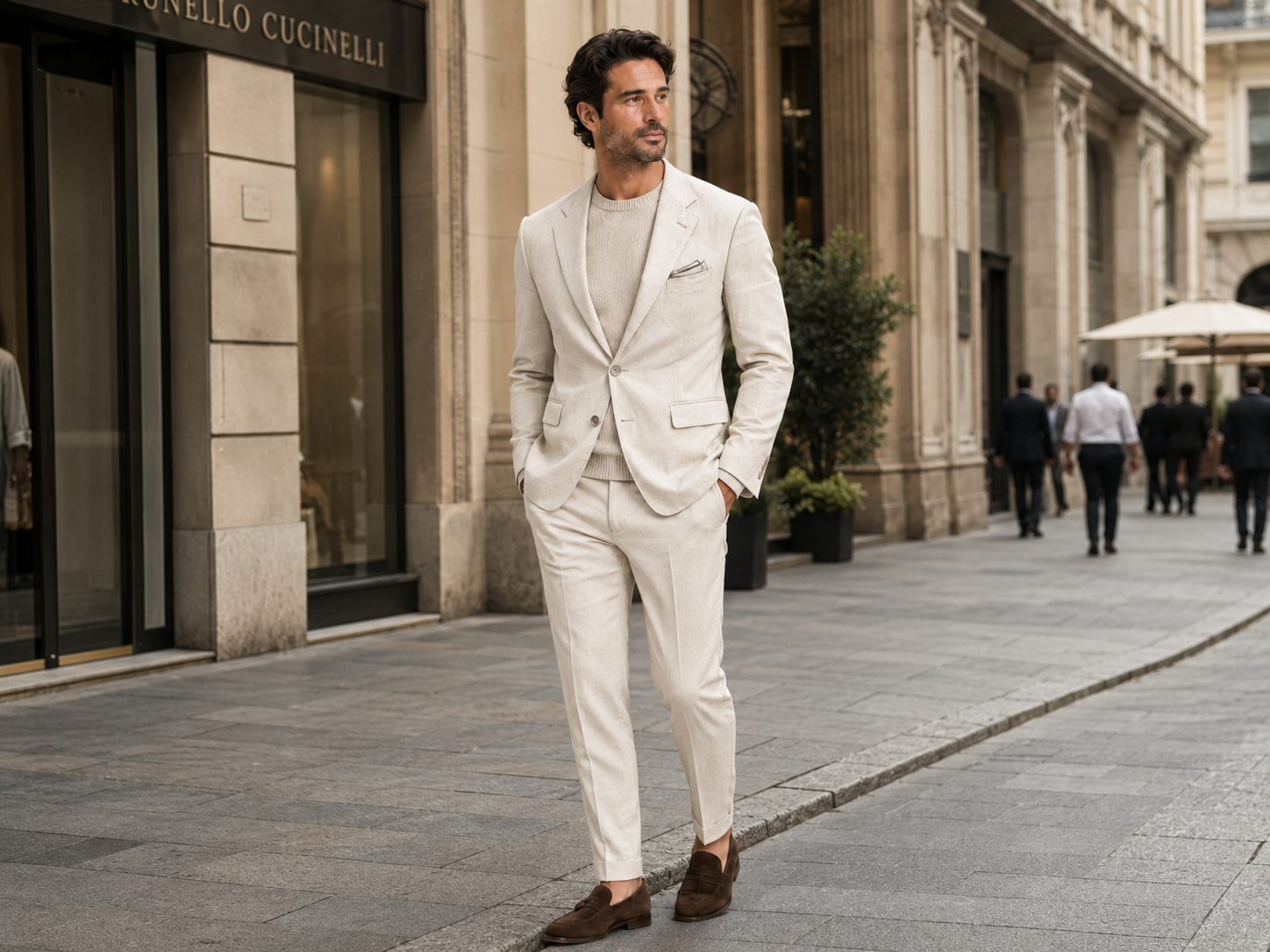 Hombre con traje beige claro caminando por una calle de la ciudad junto a escaparates.