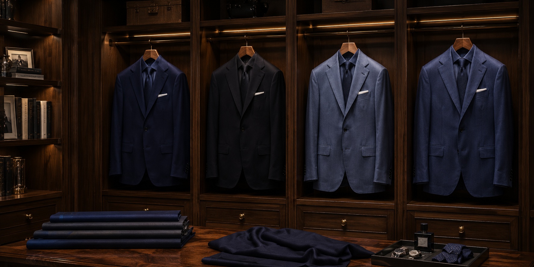Vitrina de armario de madera oscura con cuatro trajes azules y suéteres doblados, iluminada por luces cálidas del techo.