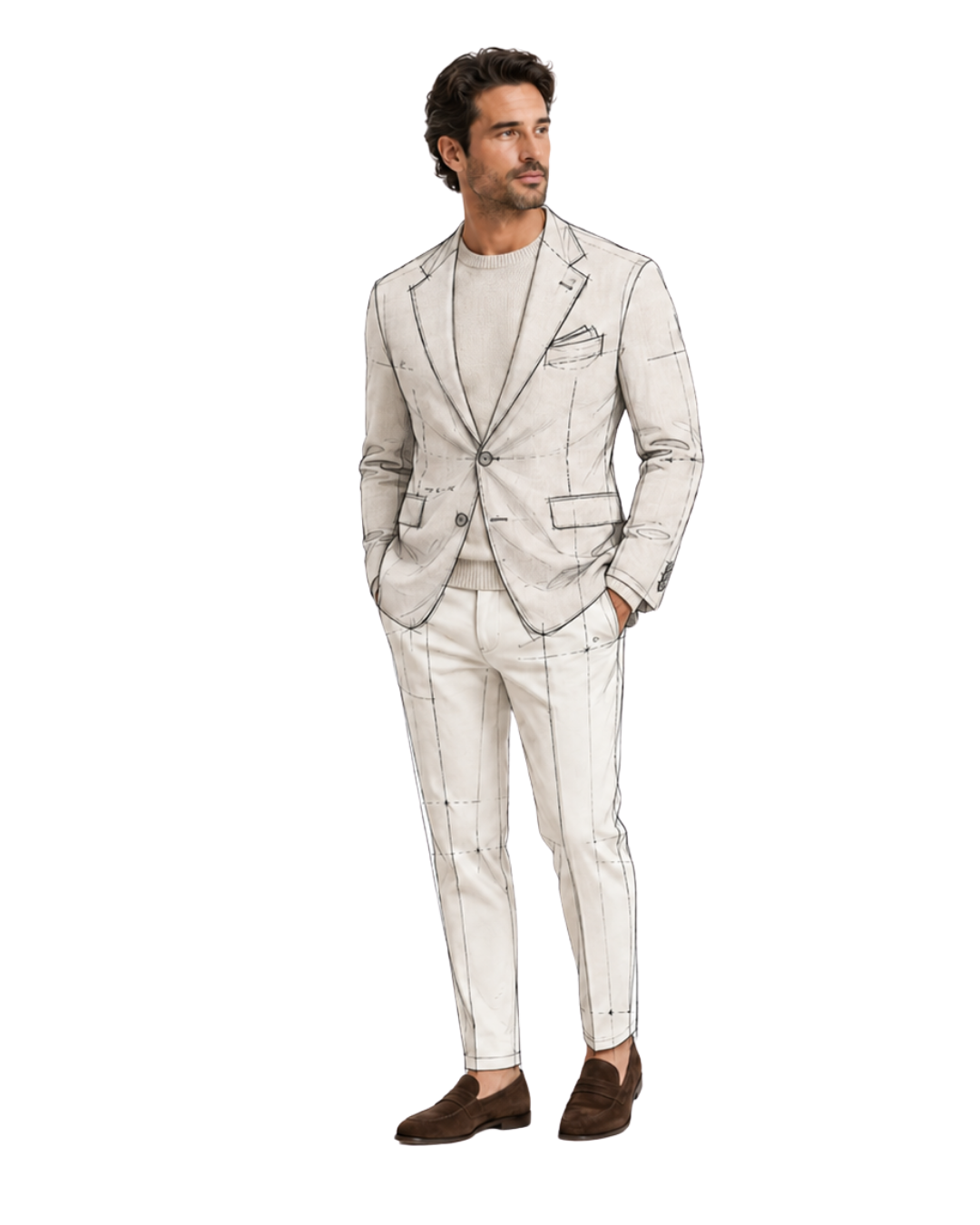 Hombre con traje estampado de color beige claro de pie con las manos en los bolsillos sobre un fondo blanco.