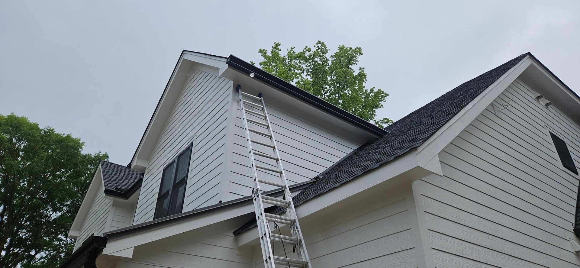 Ladder leaning against a gray house roof with trees behind it