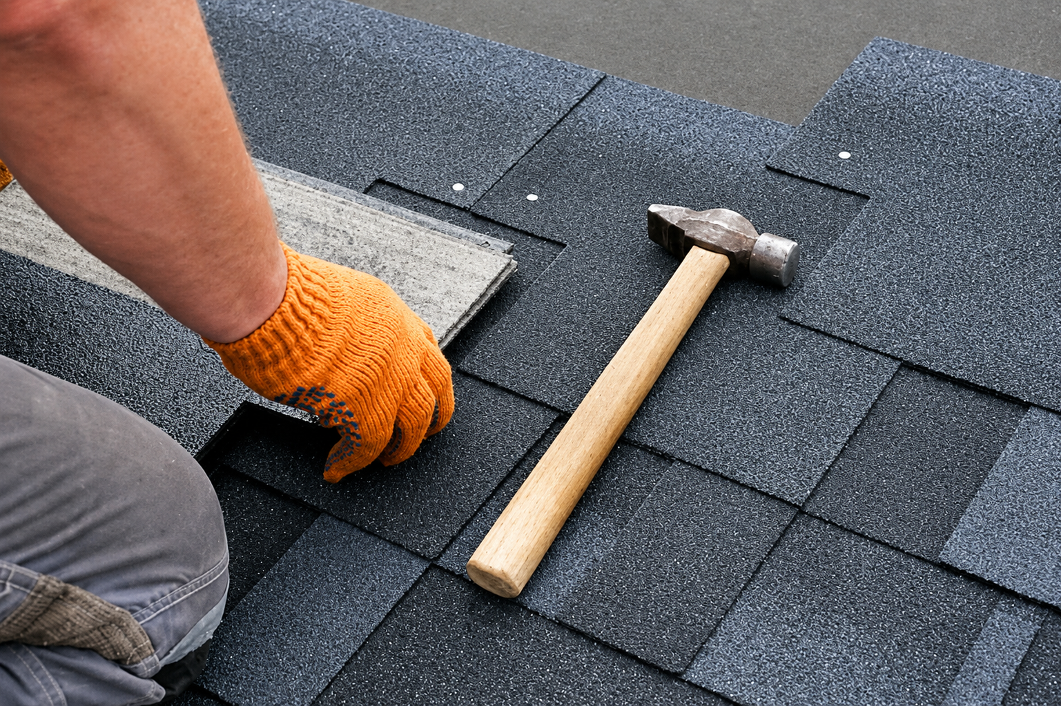 Worker using a roofing nail gun to install shingles on a roof