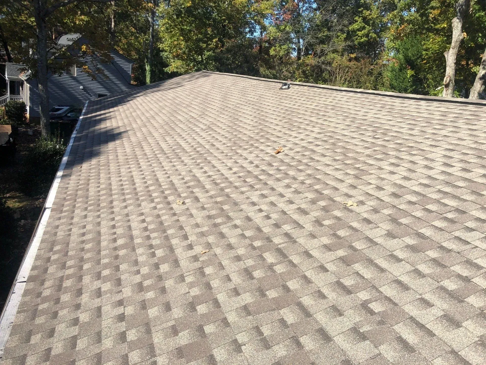Close-up of a light gray shingle roof with trees in the background