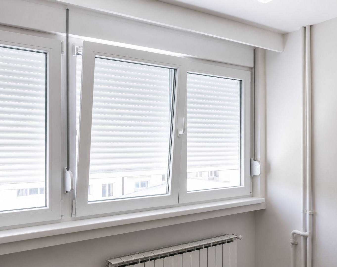 Gloved hands installing a white window frame beside a screened window