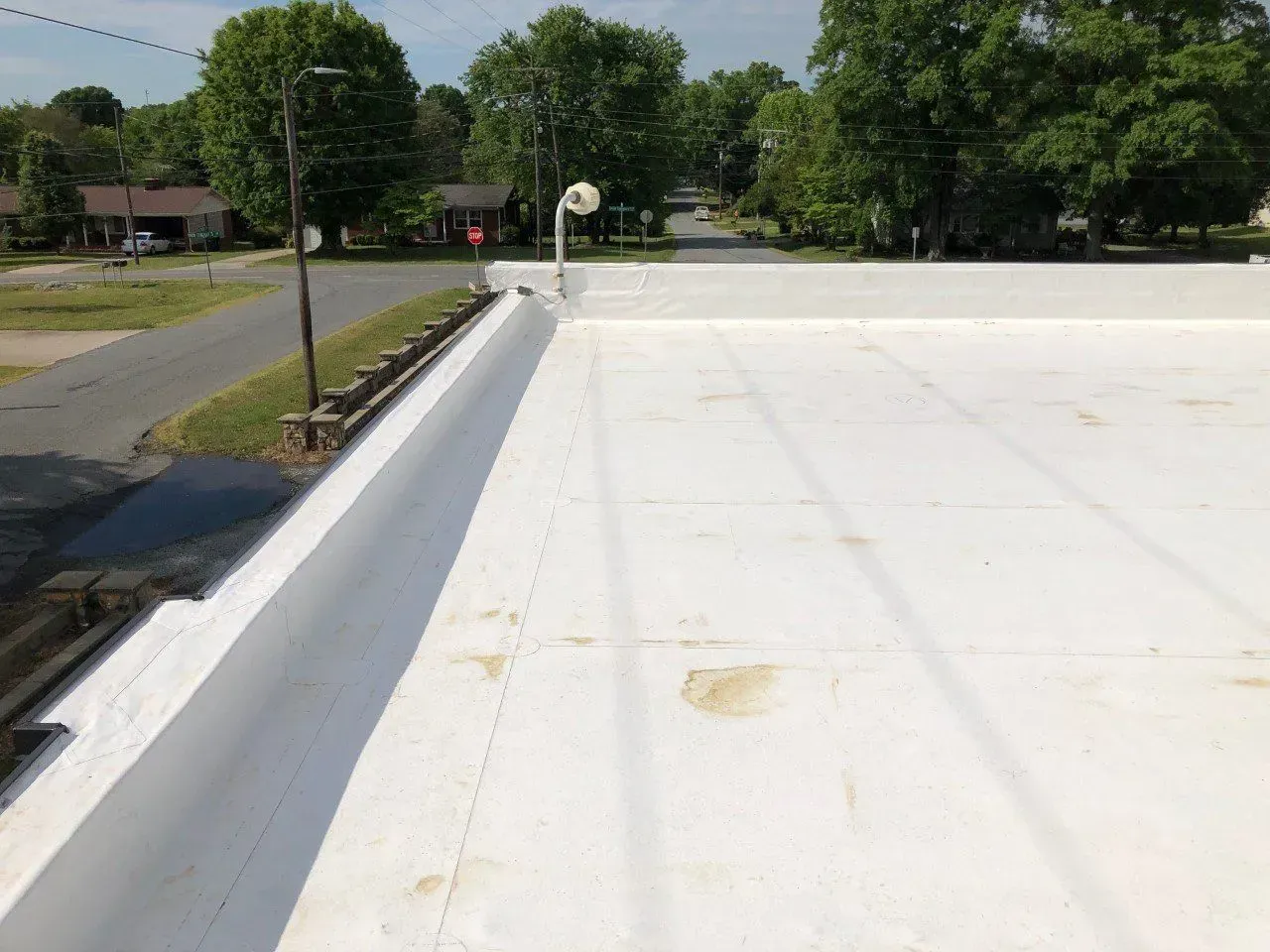White flat rooftop overlooking trees and a street on a sunny day