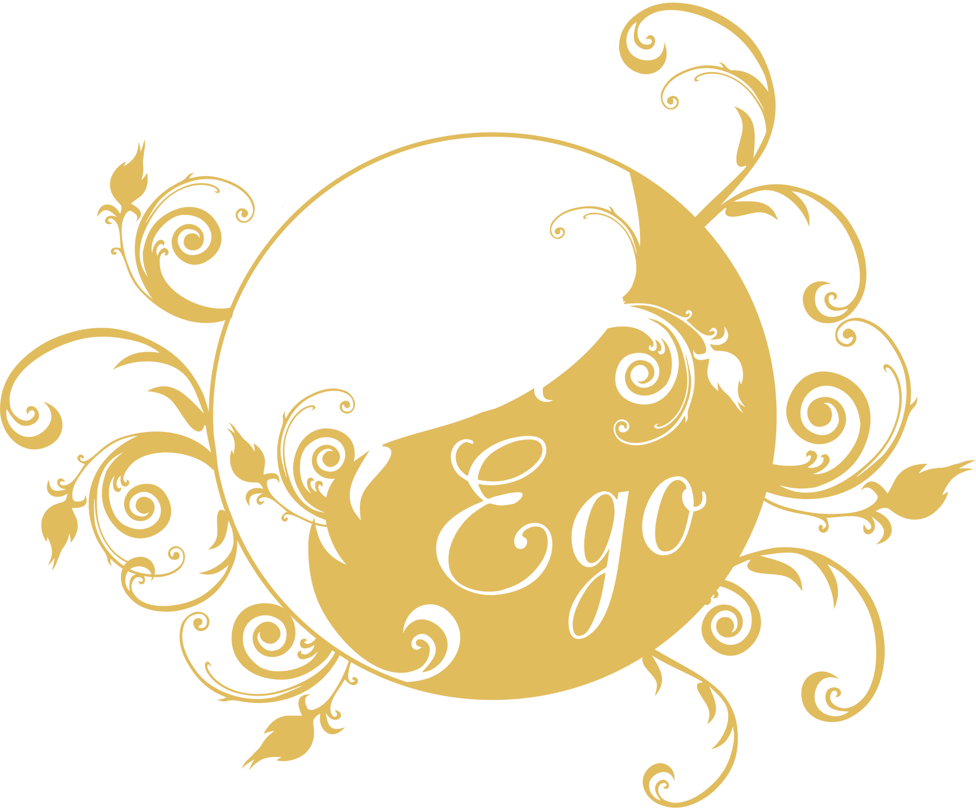 Logo for Alter Ego Hair Studio, a salon. Gold circle, pink text, decorative flourishes.