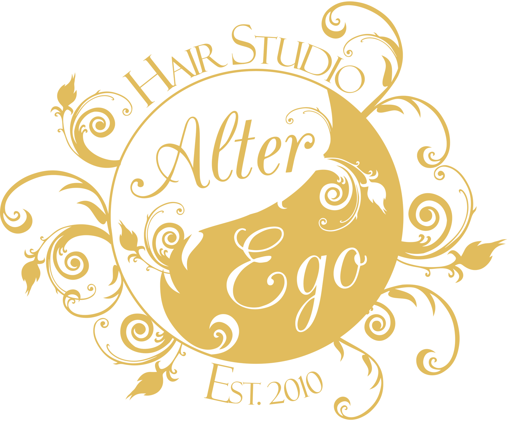 Logo for Alter Ego Hair Studio, a salon. Gold circle, witext, decorative flourishes.