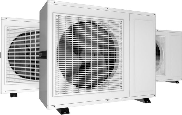 Large white industrial air conditioners with fan grilles on wheels