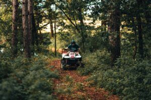ATV rider on a wooded trail, trees framing the path.