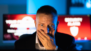 Man with surprised expression covers mouth, sitting in front of two red screens.