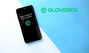 Smartphone with Glovebox logo, blue and white background. Text: Easily manage all of your policies.