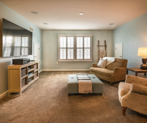 Living room with TV, couch, and ottoman. Light blue walls, tan carpet.