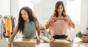 Two women pack boxes in a bright room with clothing racks; one takes a photo of a garment.