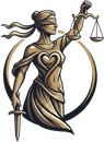 Blindfolded Lady Justice holding scales and sword in gold and black