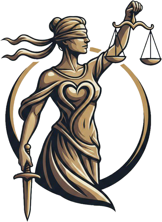 Blindfolded Lady Justice holding scales and sword in gold and black