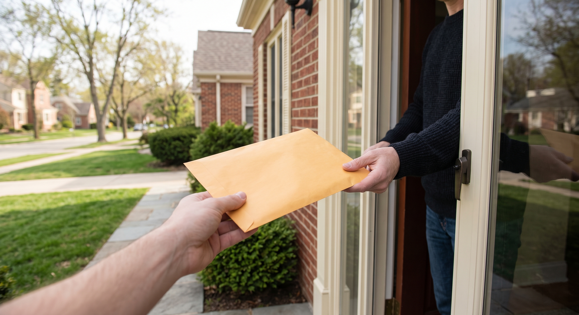 Handing a tan envelope to a person at a front door